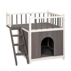 2-Story Wooden Feral House Dog House for Outdoor and Indoor, Pet House with Stairs, Grey & White