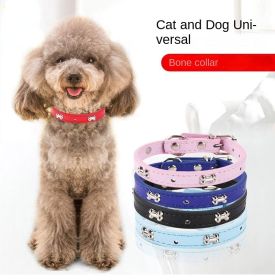 Pet bones pet collar PU dog collar adjustable collar pet (Color: Red, size: 2.0*45cm)