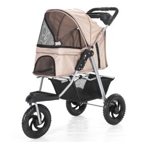 Three Wheel Folding Pet Stroller, Dog Jogger Travel Dog Carrier Adjustable Canopy Storage Brake Mesh Window (Color: Beige)