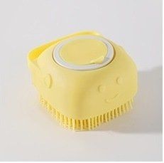 Pet Grooming Bath Massage Brush with Soap and Shampoo Dispenser Soft Silicone Bristle for Long Short Haired Dogs Shower, (Color: Yellow)